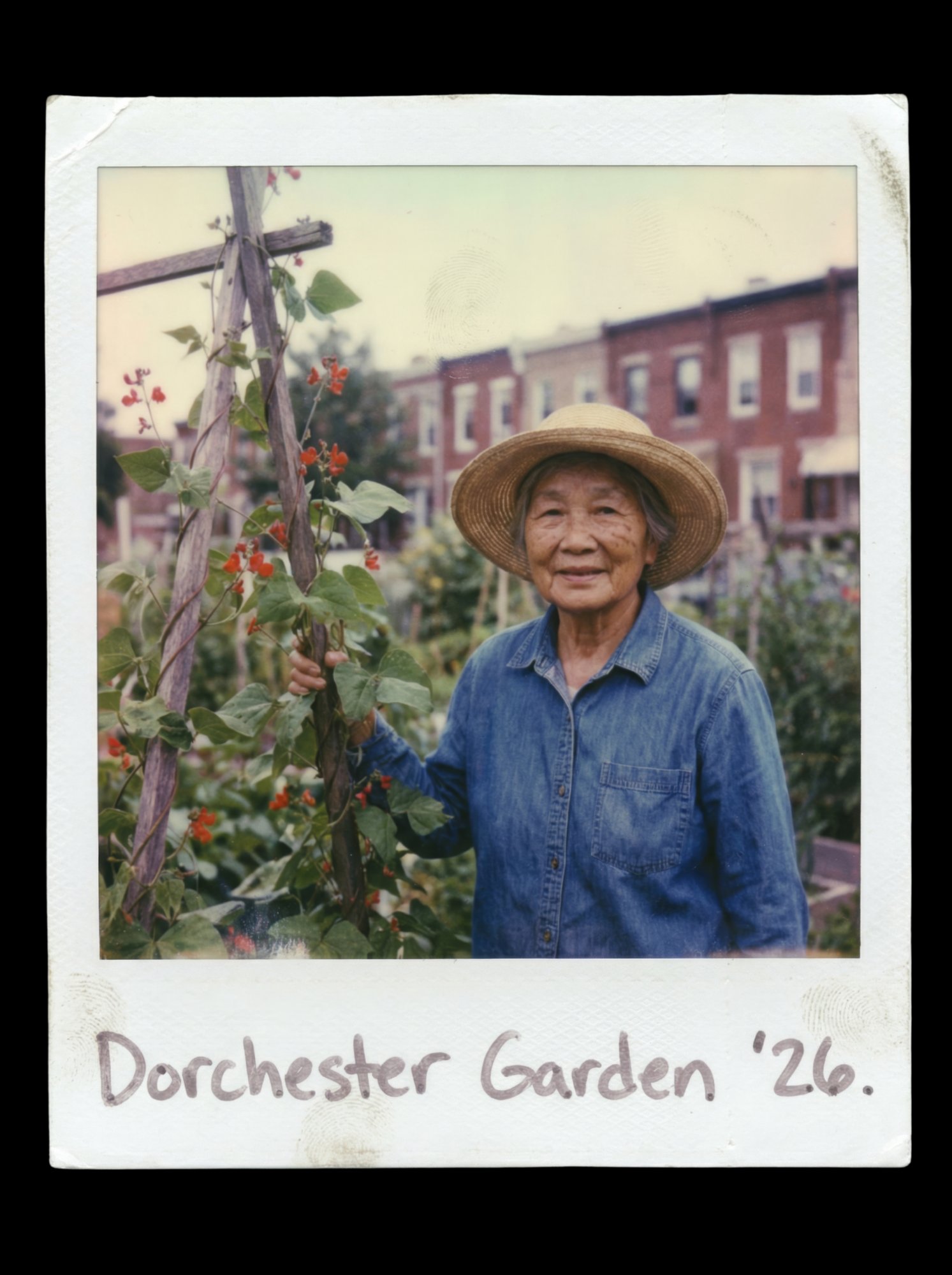 Polaroid photograph of elderly woman in garden with scarlet runner beans, dated 2026